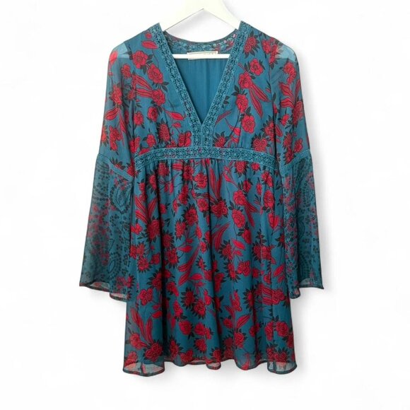 Abercrombie & Fitch y2k Boho Teal Blue Red Floral Crochet Babydoll Mini Dress - Picture 1 of 6